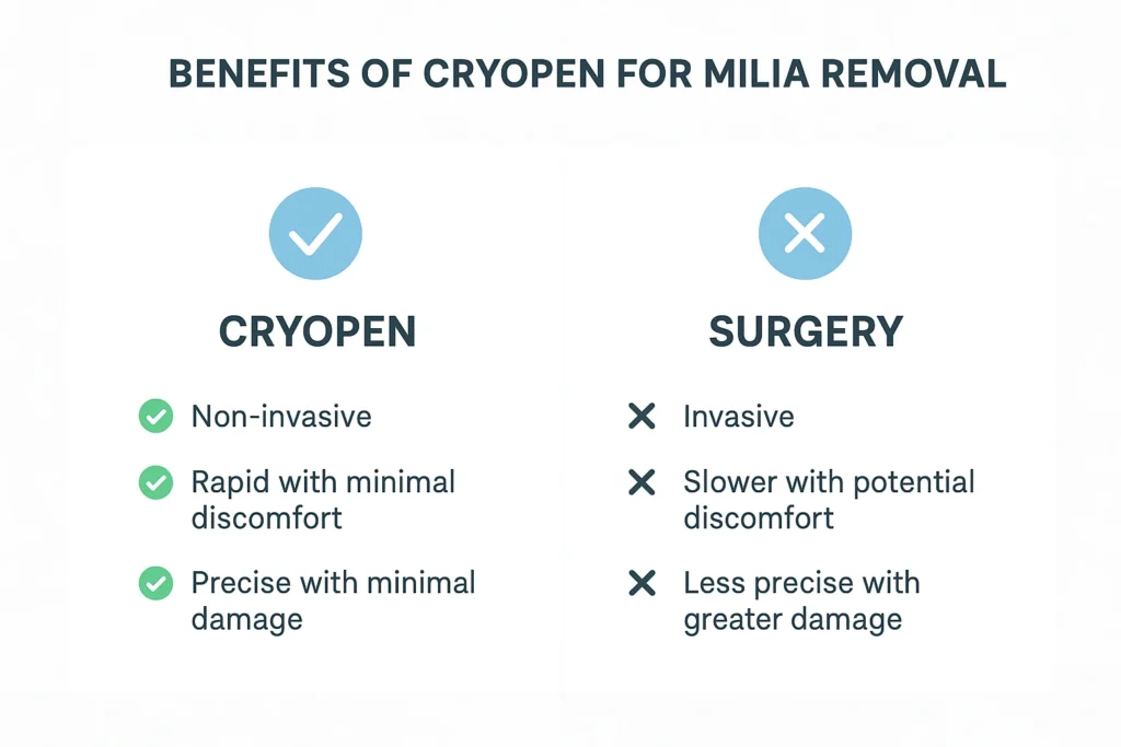Benefits of cryopen for milia removal Hampstead compared to surgical treatments.
