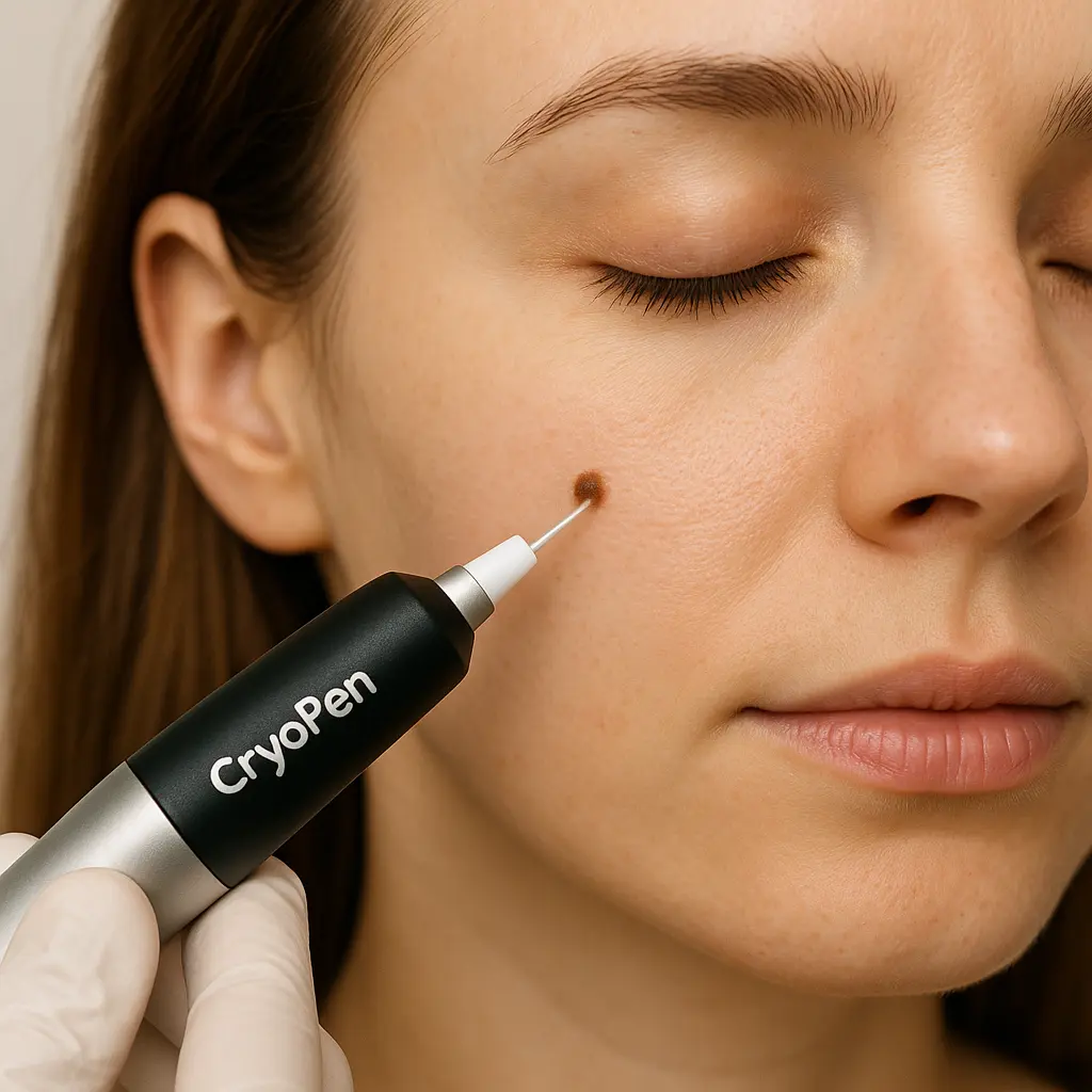 woman receiving facial mole removal Hampstead using cryopen 